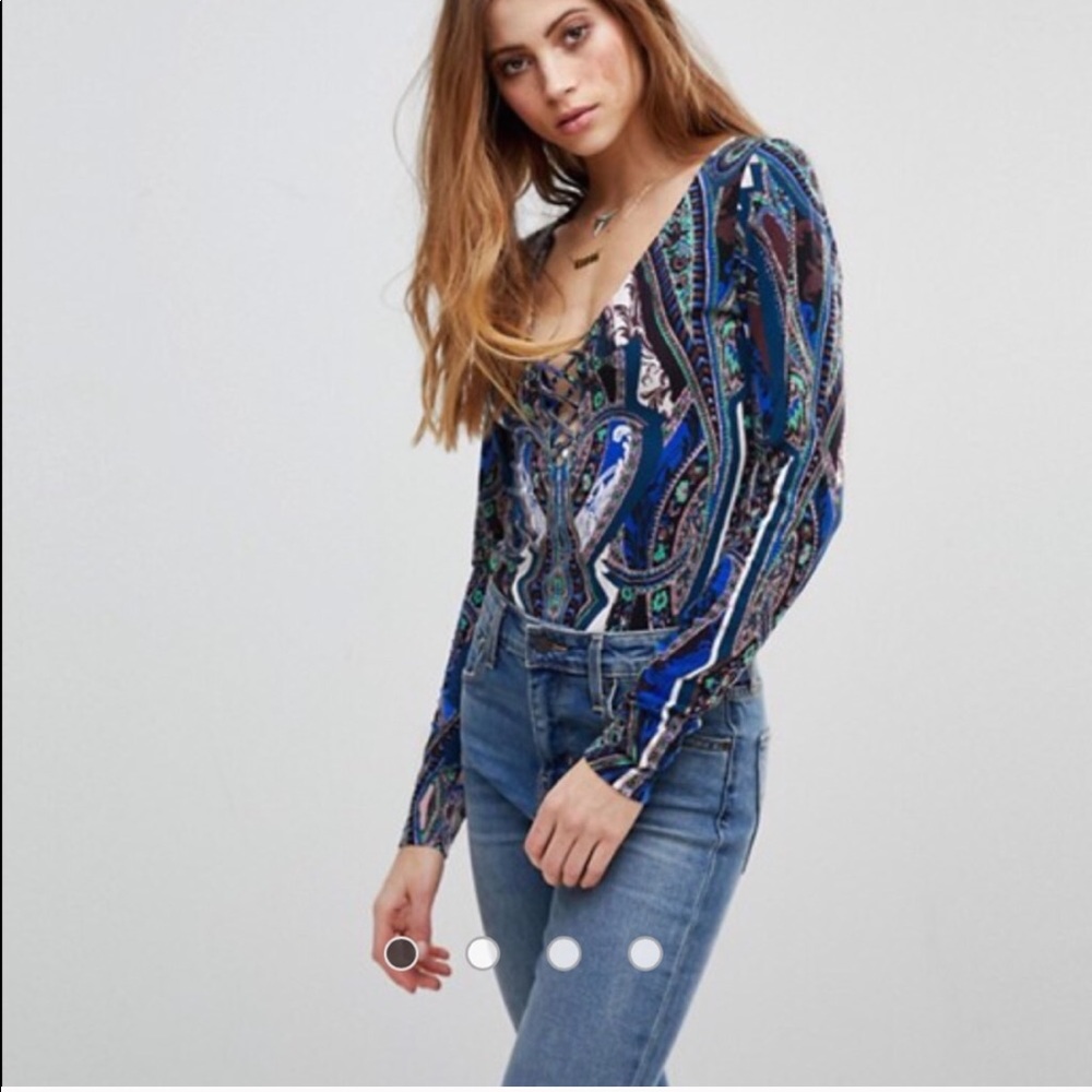 FREE PEOPLE PICK A PLACE BODYSUIT XS Boho Psychedelic 70s Vibes Y2K Retro Glam